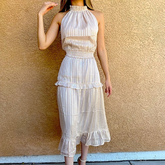 Express Dresses & Skirts - Express NWT cream halter dress with gold details size S ruffle dress feminine
